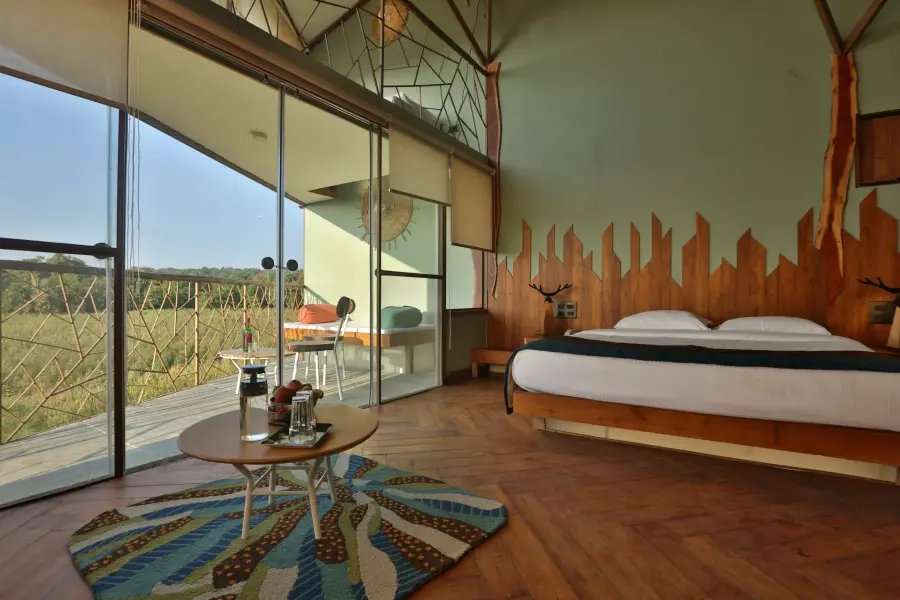 Forest-view room with a private balcony at a luxury stay, Tadoba