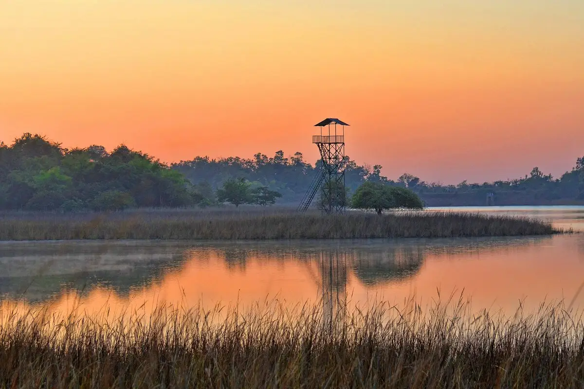 Birdwatching tower on a lake at dusk
