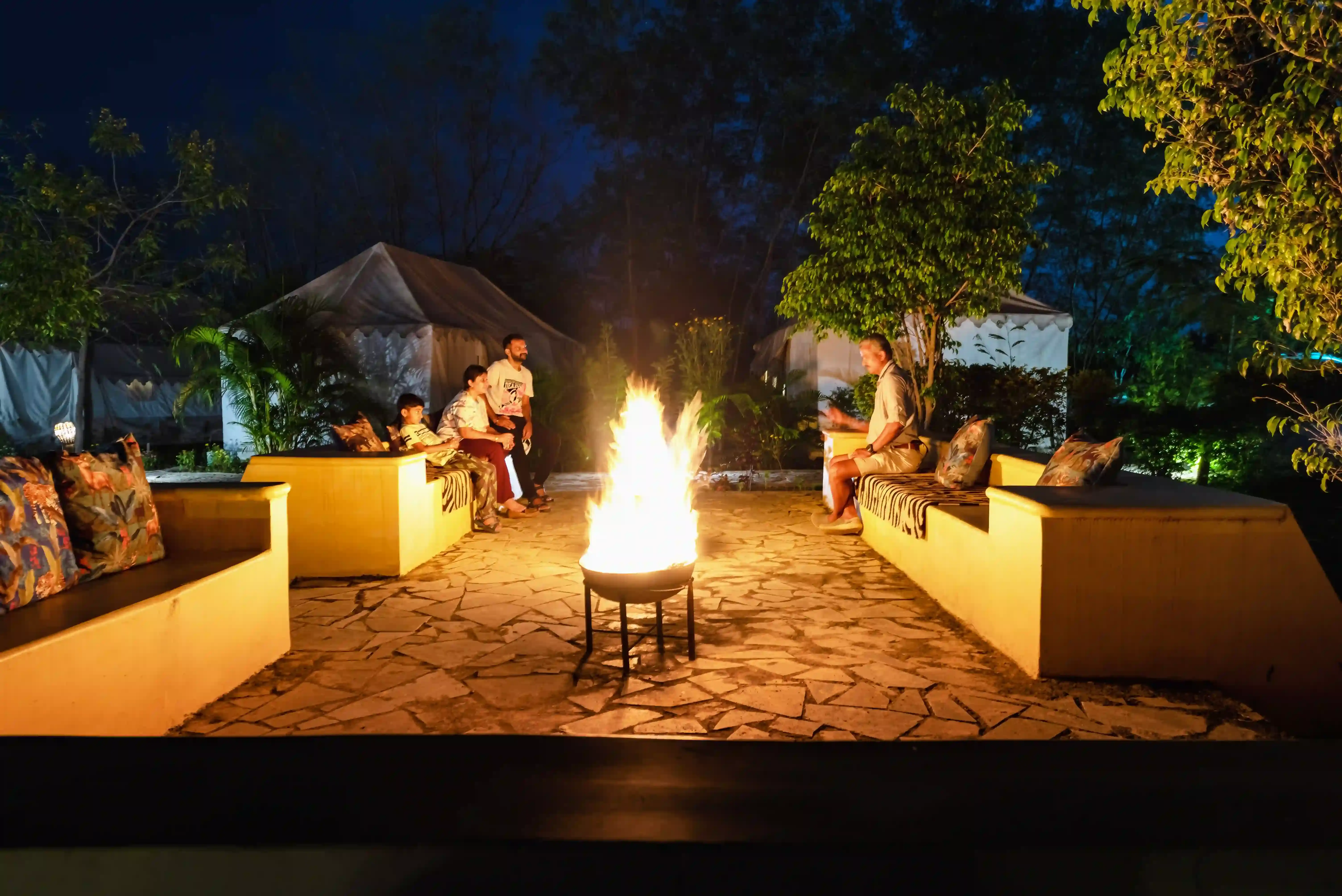 Evening bonfire at a Tadoba resort