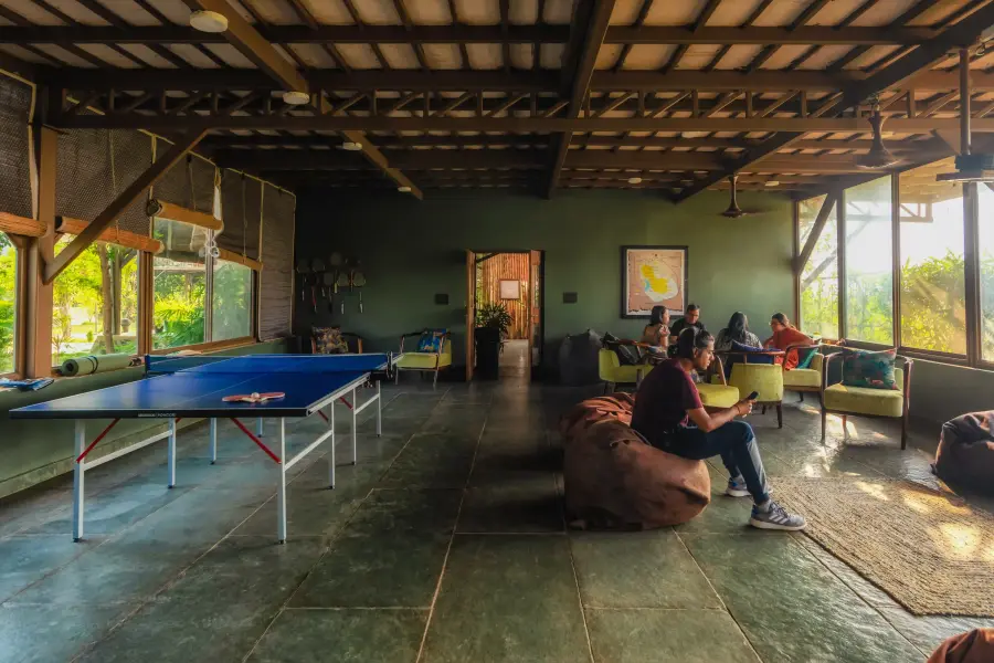 Common lounge with table tennis and forest views at a luxury stay