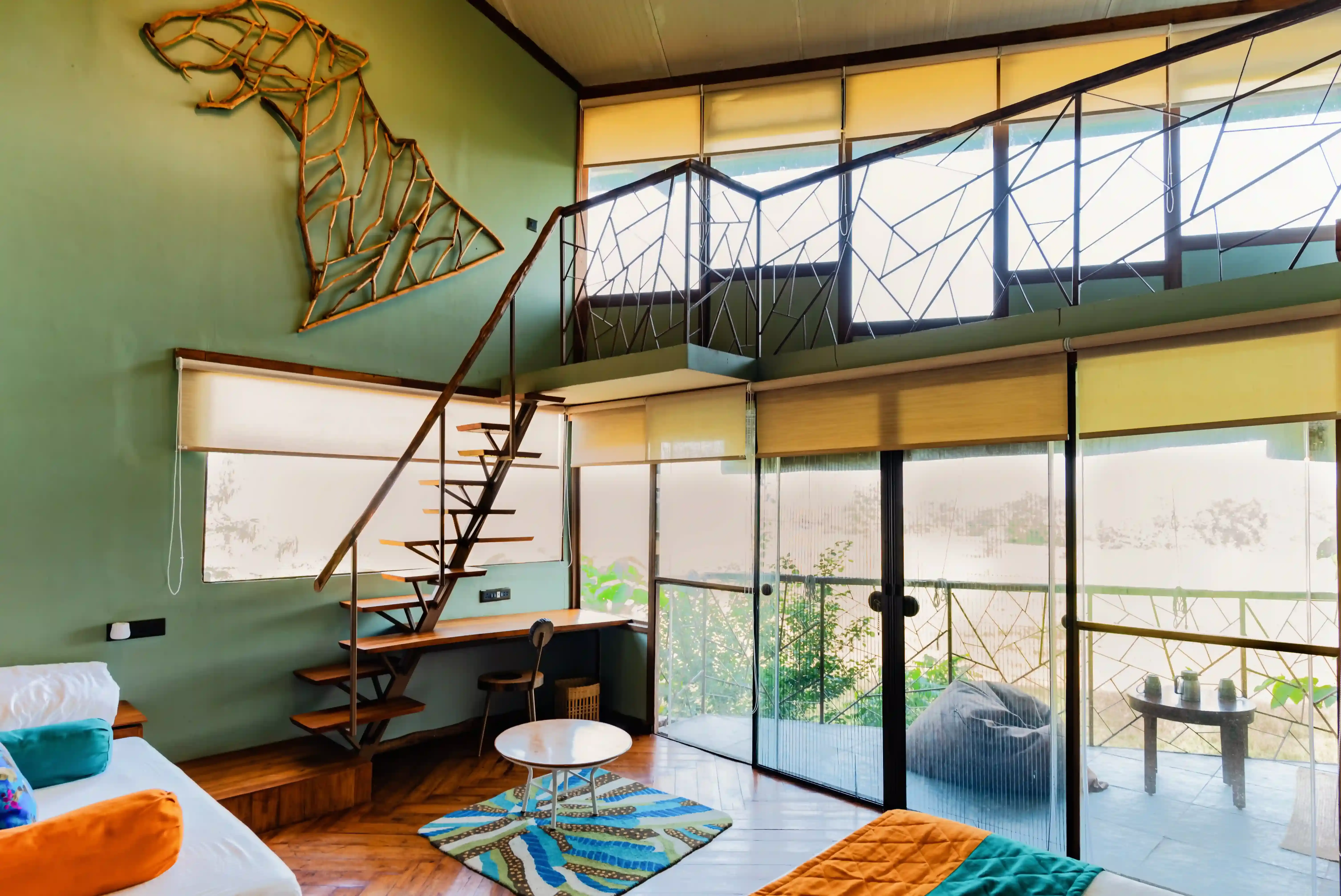 Split-level forest-view suite at a luxury lodge near Tadoba