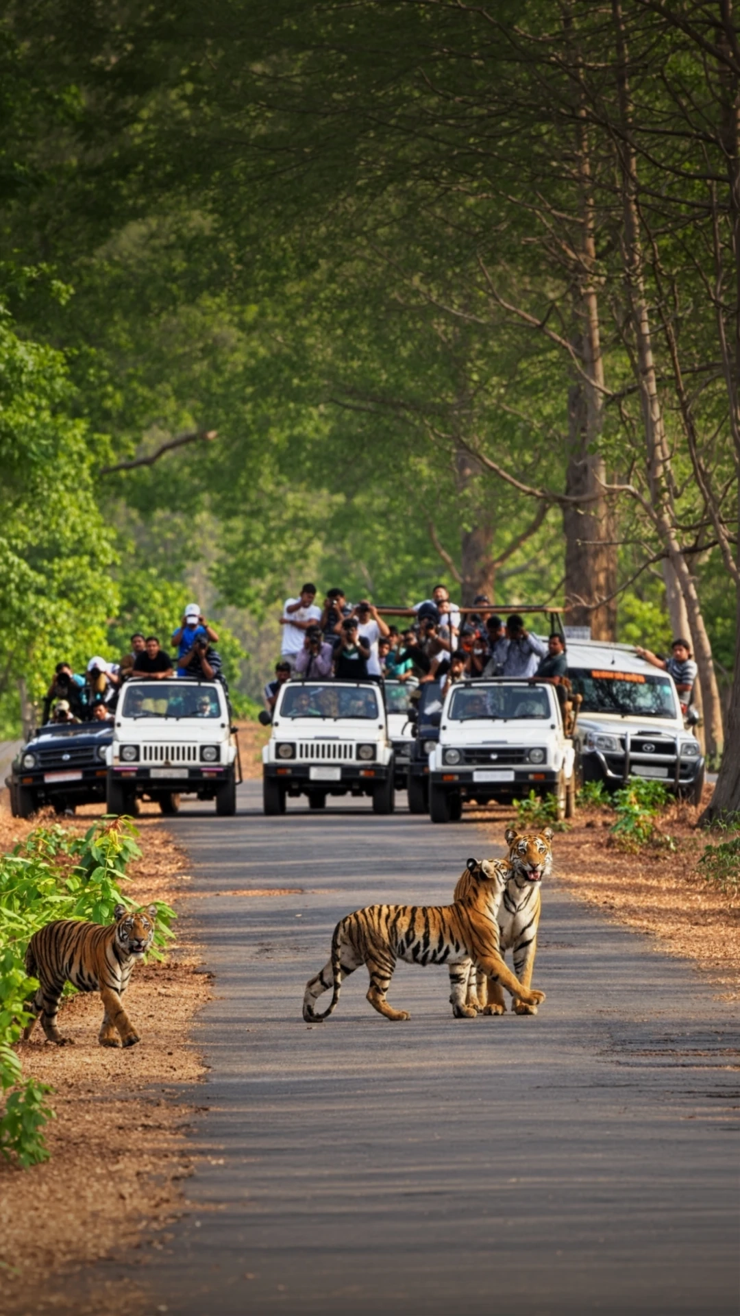 A tigress and her cubs crossing the forest road in front of a line of safari jeeps