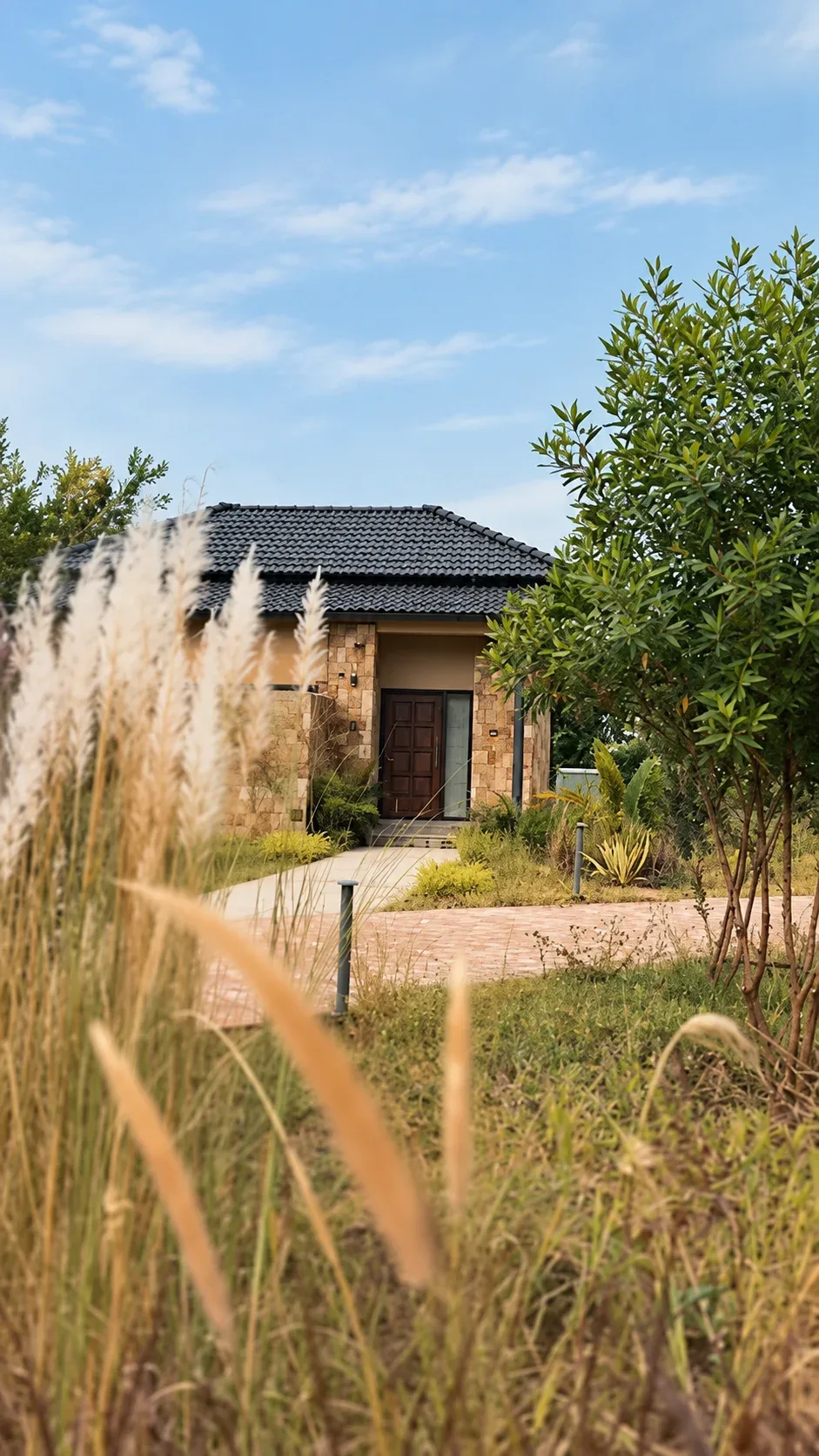 Stone-clad guest cottage framed by tall grasses at the camp near Tadoba