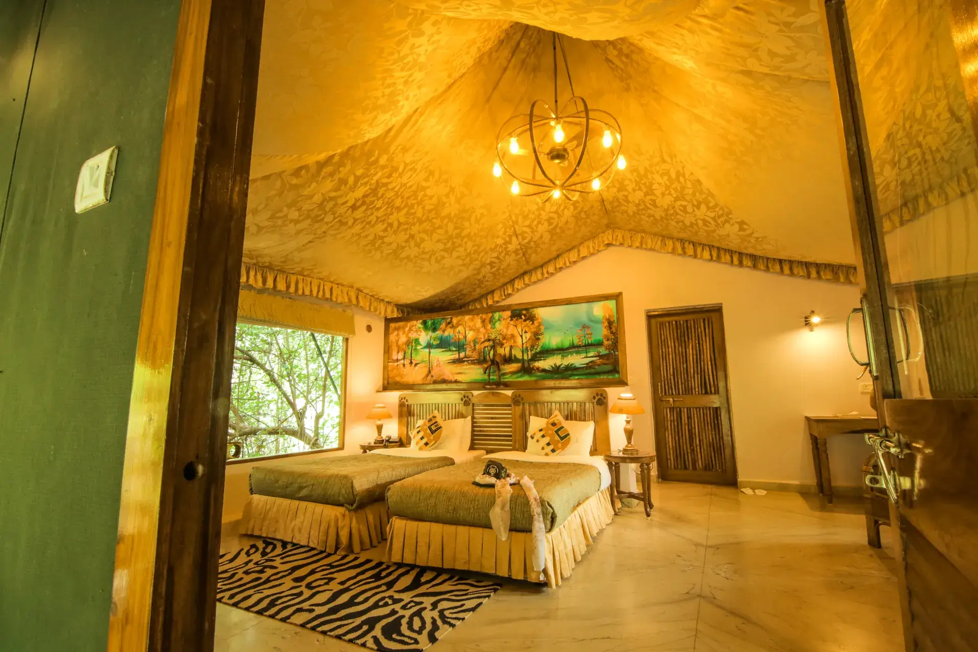 Luxury safari tent interior near Turia