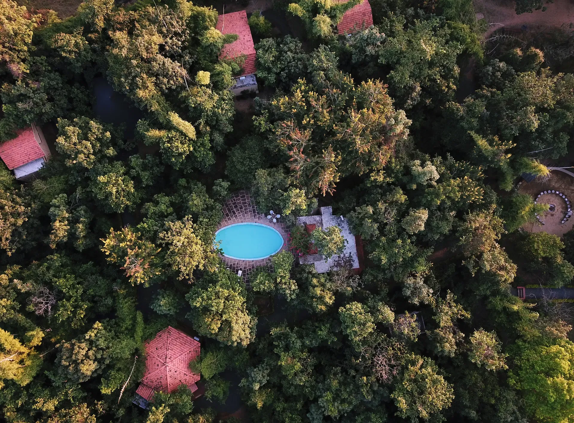 Aerial view of a jungle camp in the Pench forest