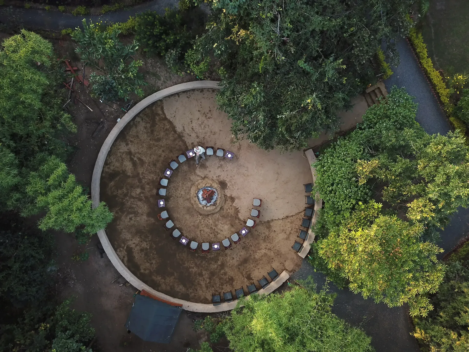 Aerial view of a camp in the forest near Turia