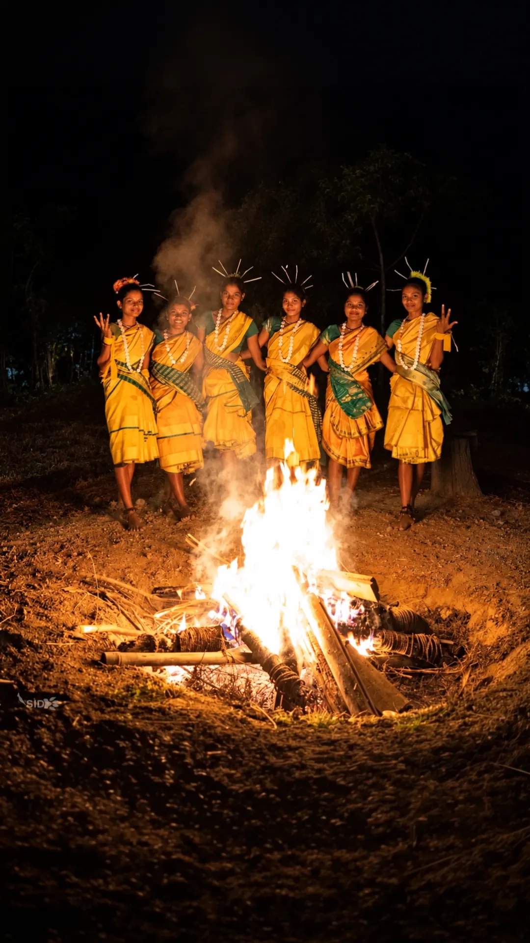 Tribal dancers in traditional dress performing around an evening bonfire
